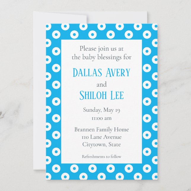 Cheerful Whimsy Blue Polka-Dot Twin Baby Blessing Invitation (Front)