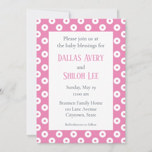 Cheerful Whimsy Pink Polka_Dot Twin Baby Blessing Invitation