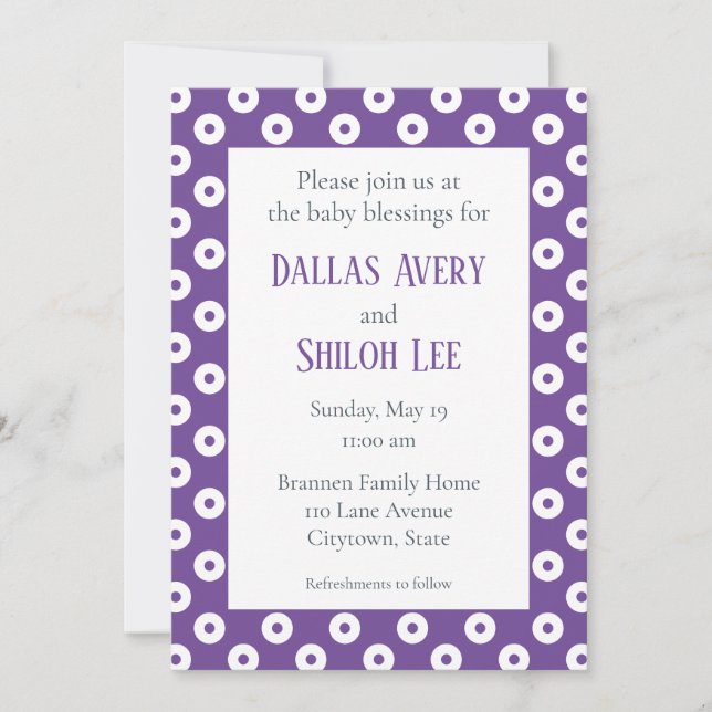 Cheerful Whimsy Purple Polka-Dot Twin Blessing Invitation (Front)