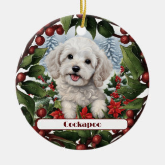 Cheerful White Cockapoo Puppy Custom Christmas Ceramic Ornament