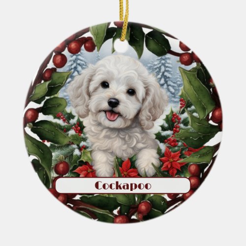 Cheerful White Cockapoo Puppy Custom Christmas  Ceramic Ornament