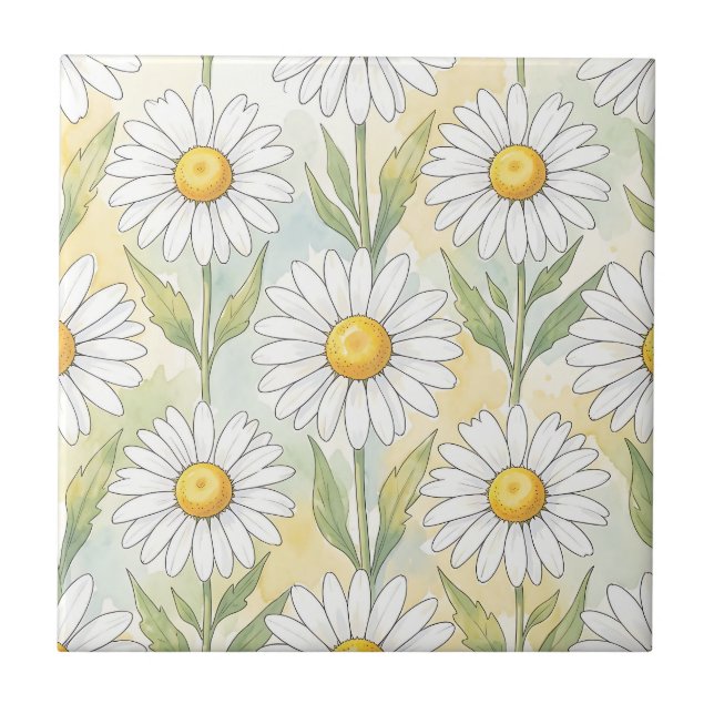 Cheerful White Daisy Floral Pattern Ceramic Tile (Front)