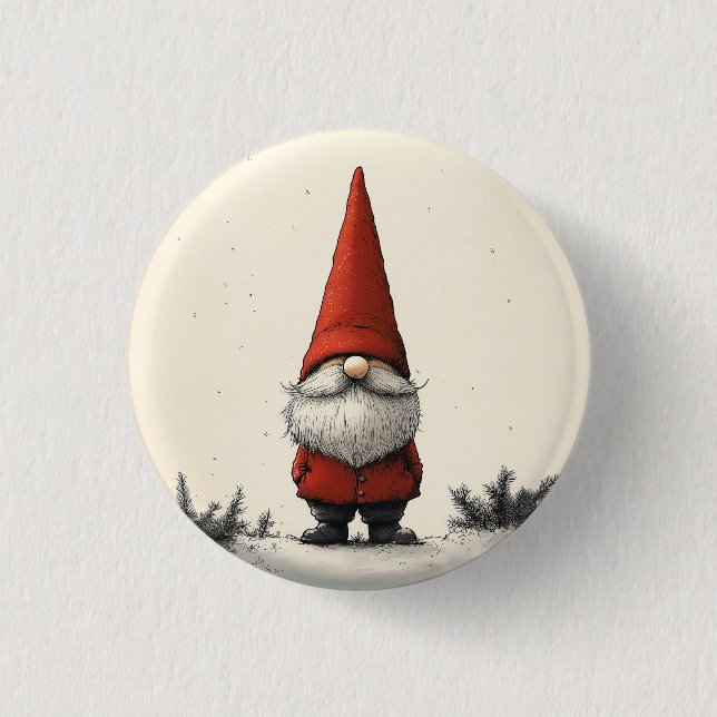 Cheerful Winter Gnome in Red Hat Button (Front)