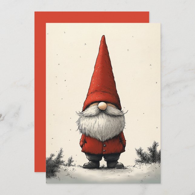 Cheerful Winter Gnome in Red Hat Invitation (Front/Back)