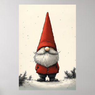 Cheerful Winter Gnome in Red Hat Poster