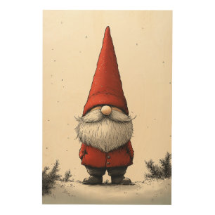 Cheerful Winter Gnome in Red Hat Wood Wall Art