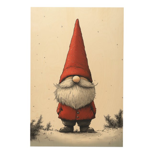 Cheerful Winter Gnome in Red Hat Wood Wall Art (Front)