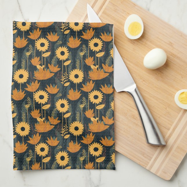 Cheerful Yellow and Orange Retro Looking Flowers Kitchen Towel (Quarter Fold)