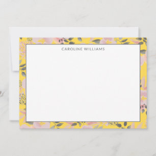 Cheerful Yellow and Pink Floral Pattern with Name Note Card