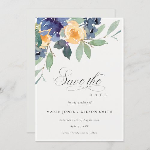 Cheerful Yellow Blue Floral Save The Date Card