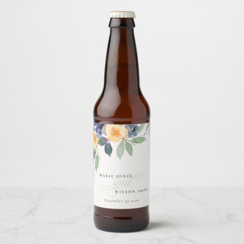 Cheerful Yellow Blue Floral Watercolor Wedding Beer Bottle Label
