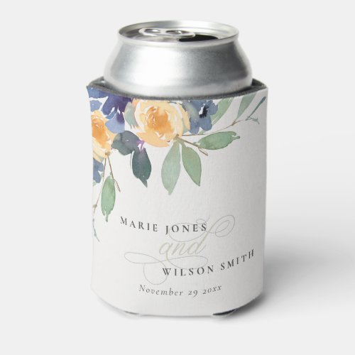 Cheerful Yellow Blue Floral Watercolor Wedding Can Cooler