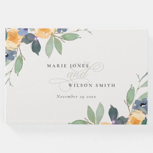 Cheerful Yellow Blue Floral Watercolor Wedding Guest Book