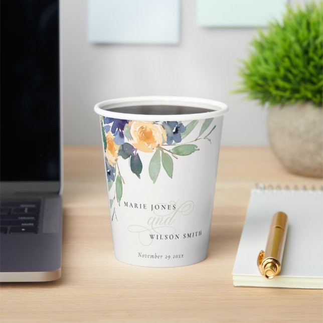 Cheerful Yellow Blue Floral Watercolor Wedding Paper Cups (Insitu)