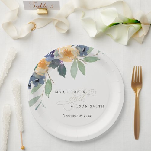 Cheerful Yellow Blue Floral Watercolor Wedding Paper Plates