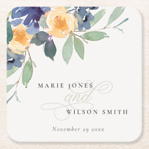 Cheerful Yellow Blue Floral Watercolor Wedding Square Paper Coaster
