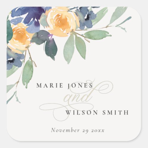Cheerful Yellow Blue Floral Watercolor Wedding Square Sticker