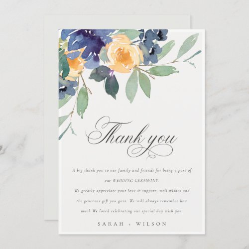 Cheerful Yellow Blue Floral Watercolor Wedding Thank You Card