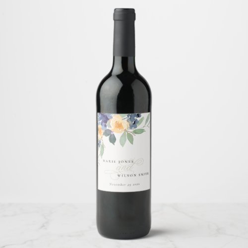 Cheerful Yellow Blue Floral Watercolor Wedding Wine Label
