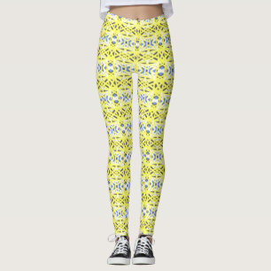 Cheerful Yellow Blue Gray Geometric Pattern Gym Leggings