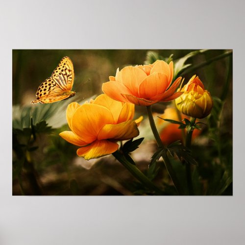 CHEERFUL YELLOW BUTTERFLY AND FLOWERS POSTER