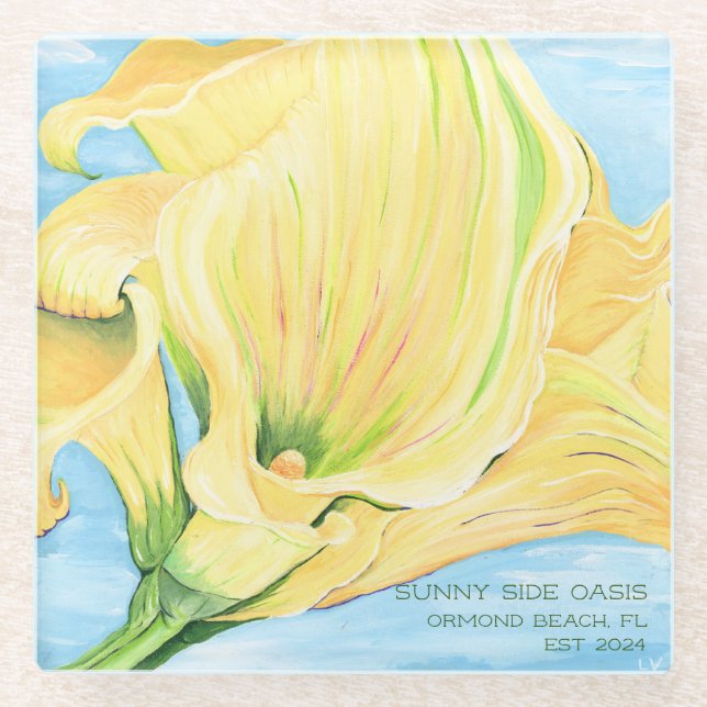 Cheerful Yellow Calla Lily Vacation Home Glass Coaster (Front)