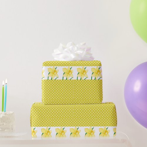 Cheerful Yellow Daffodils Flower and Polka_dots  Wrapping Paper