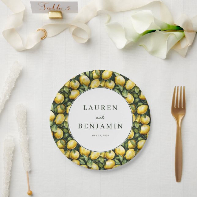 Cheerful Yellow Lemon Illustration Paper Plates (Wedding)