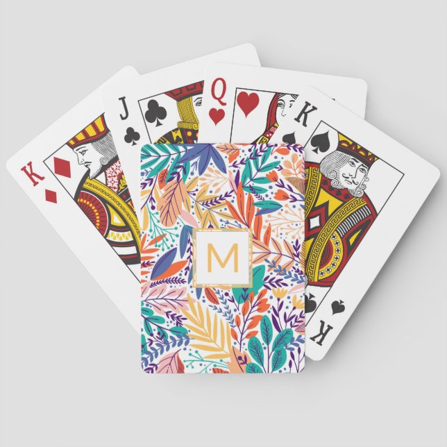 Cheerful Yellow Monogram and Spring Flowers Poker Cards (Back)