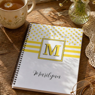 Cheerful Yellow Monogram Name Polka Dot Striped Notebook