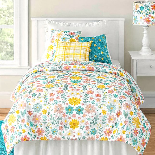 Cheerful Yellow Orange and Blue Floral for Girls  Duvet Cover (Bright floral duvet cover with fresh blue accents for a cheerful, inviting bedroom refresh.)