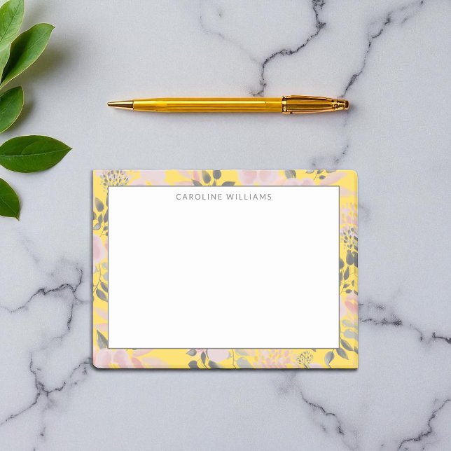 Cheerful Yellow Pink Gray Floral Pattern with Name Post-it Notes (Creator Uploaded)