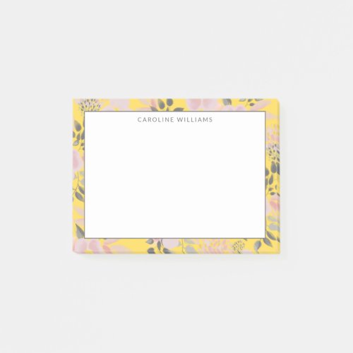 Cheerful Yellow Pink Gray Floral Pattern with Name Post_it Notes