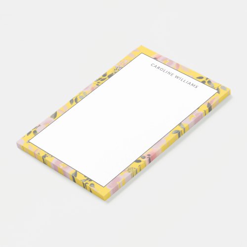 Cheerful Yellow Pink Gray Floral with Name Post_it Notes