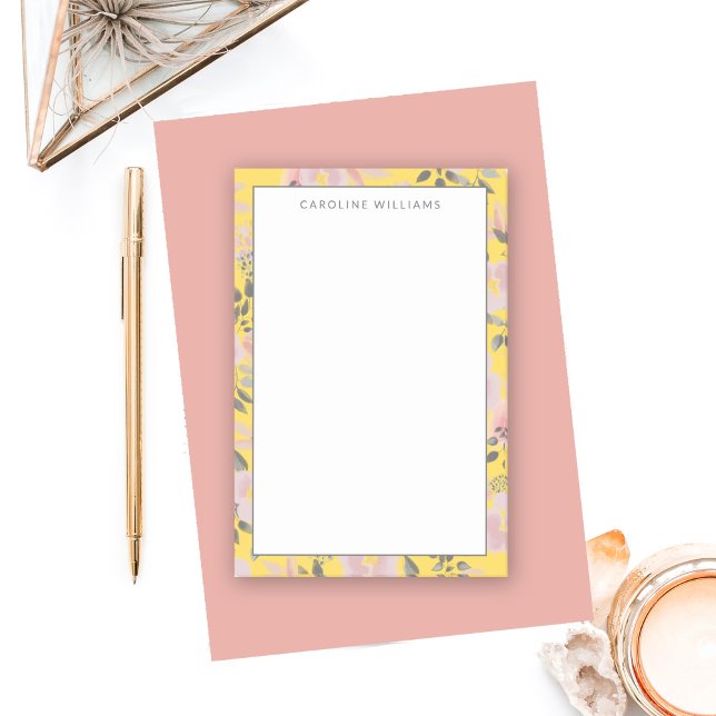 Cheerful Yellow Pink Gray Floral with Name Post-it Notes (Creator Uploaded)