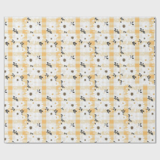 Cheerful Yellow Plaid & Daisy Wrapping Paper