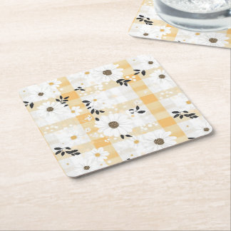 Cheerful Yellow Plaid & Little Flowers Coaster