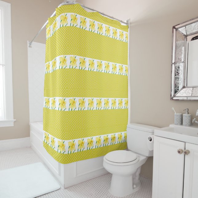 Cheerful Yellow Polka Dot with Daffodils Flower  Shower Curtain (In Situ)