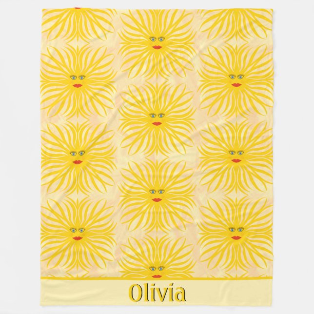Cheerful Yellow Red Sun Face Kids Pattern Fleece Blanket (Front)
