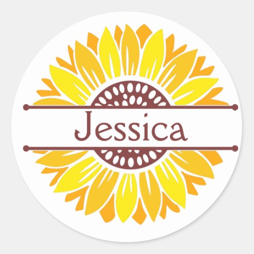 Cheerful Yellow Split Sunflower Monogram Name  Classic Round Sticker