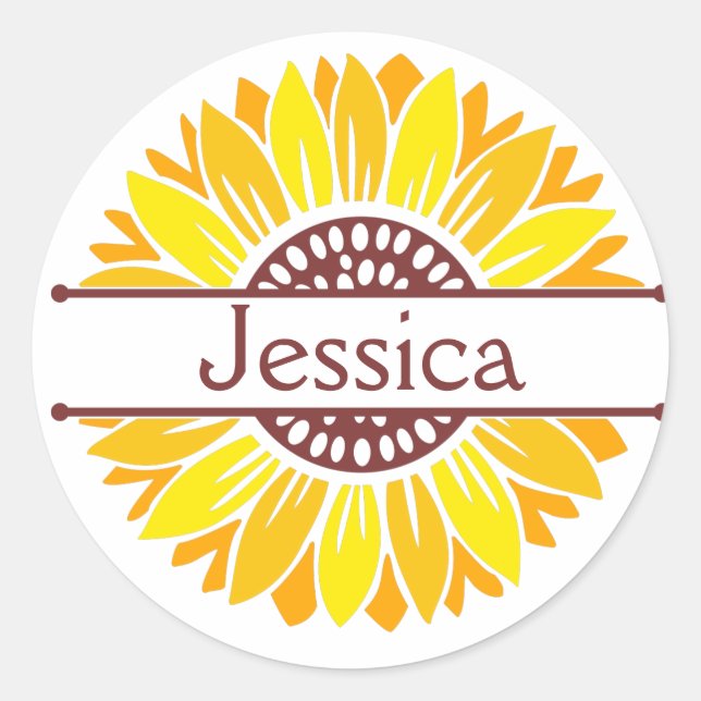 Cheerful Yellow Split Sunflower Monogram Name  Classic Round Sticker (Front)