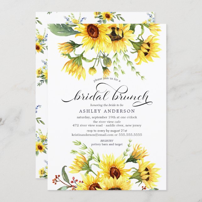 Cheerful Yellow Sunflower Bridal Shower Brunch Invitation (Front/Back)