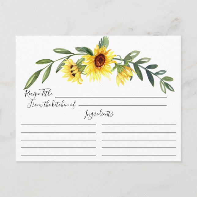 Cheerful Yellow Sunflower Bridal Shower Recipe Postcard (Front)