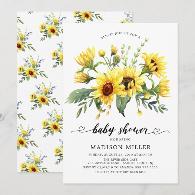 Cheerful Yellow Sunflower Floral Baby Shower Invitation (Front/Back)