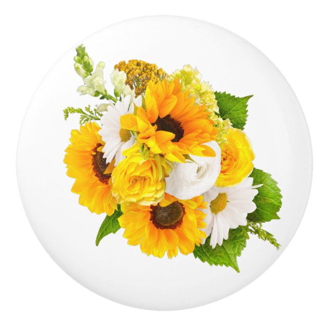 Cheerful Yellow Sunflower Floral Bouquet Ceramic Knob (Front)