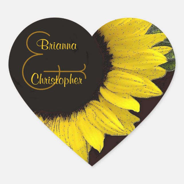 Cheerful Yellow Sunflower Heart Wedding Sticker (Front)