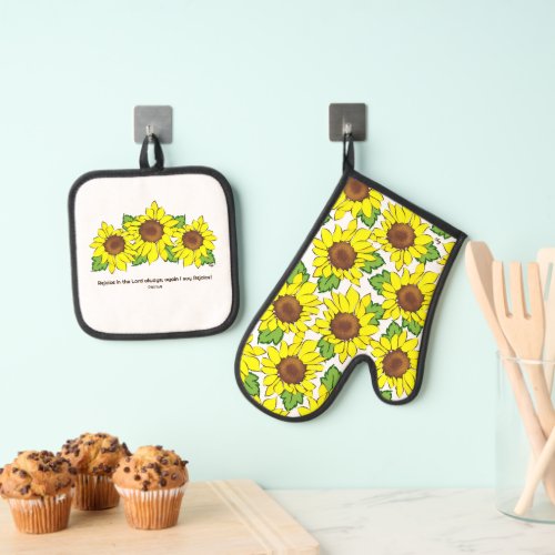 Cheerful Yellow Sunflower Scripture Kitchen Oven Mitt  Pot Holder Set