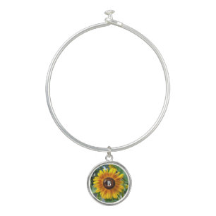 Cheerful Yellow Sunflower with Bee Monogrammed Bangle Bracelet