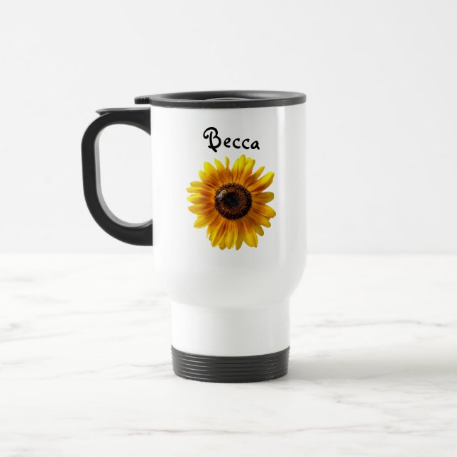 Cheerful Yellow Sunflower with Bee Personalized Travel Mug (Left)