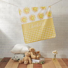 Cheerful Yellow Sunshine and Gingham Name Baby Blanket